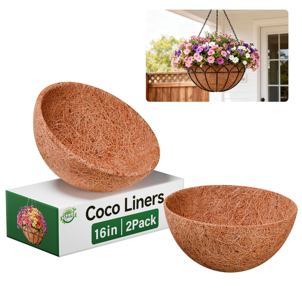 Halatool 16-inch round hanging basket liner in coco coir, promotes soil aeration