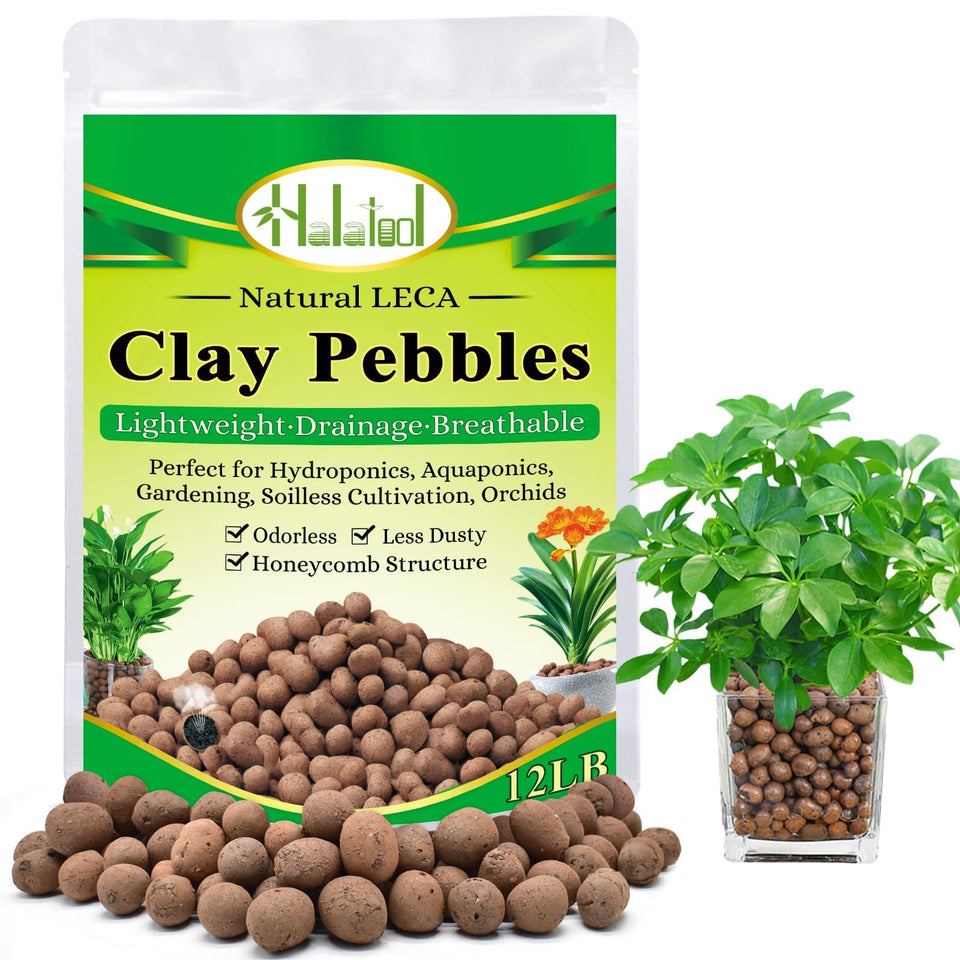 Halatool LECA 12lb pack close-up texture shows lightweight, porous clay pebbles for aerated roots