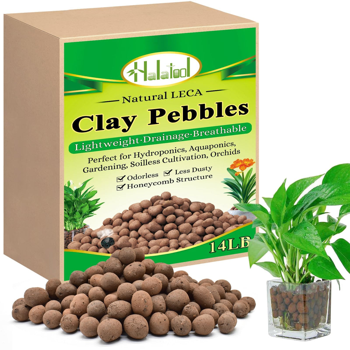 Halatool LECA 14 lb package close-up showing premium clay pebbles for drainage.