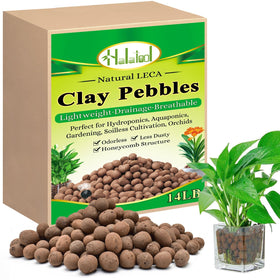 Halatool LECA 14 lb package close-up showing premium clay pebbles for drainage.