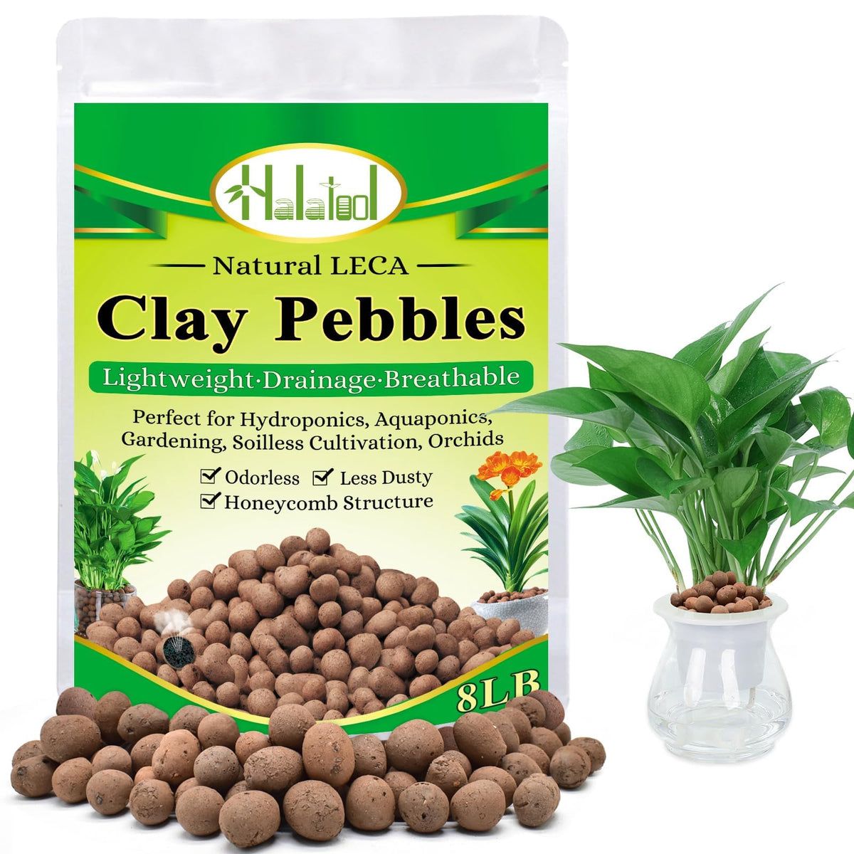 Halatool LECA pebbles 4-16mm closeup showing improved root aeration and drainage.
