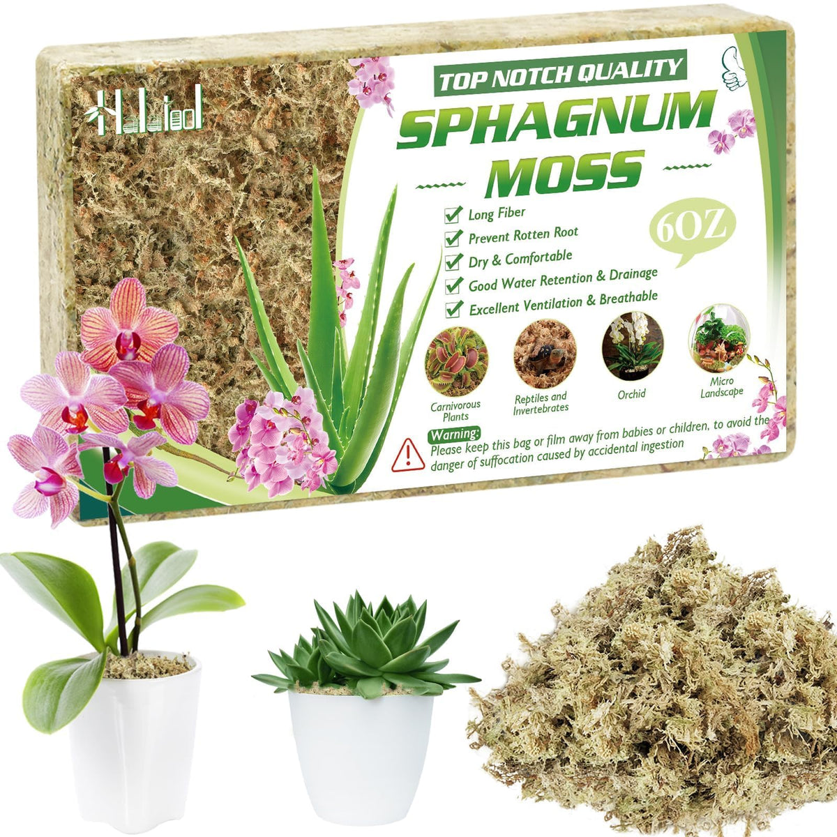 Halatool sphagnum moss 8qt packaging for easy plant transport and storage.