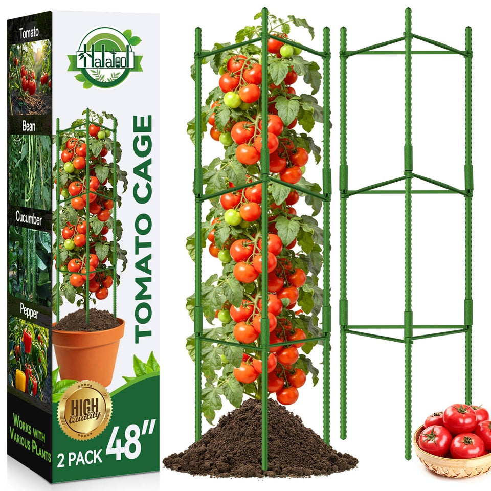 Halatool tomato cage assembly demonstrates modular parts for versatile plant support.