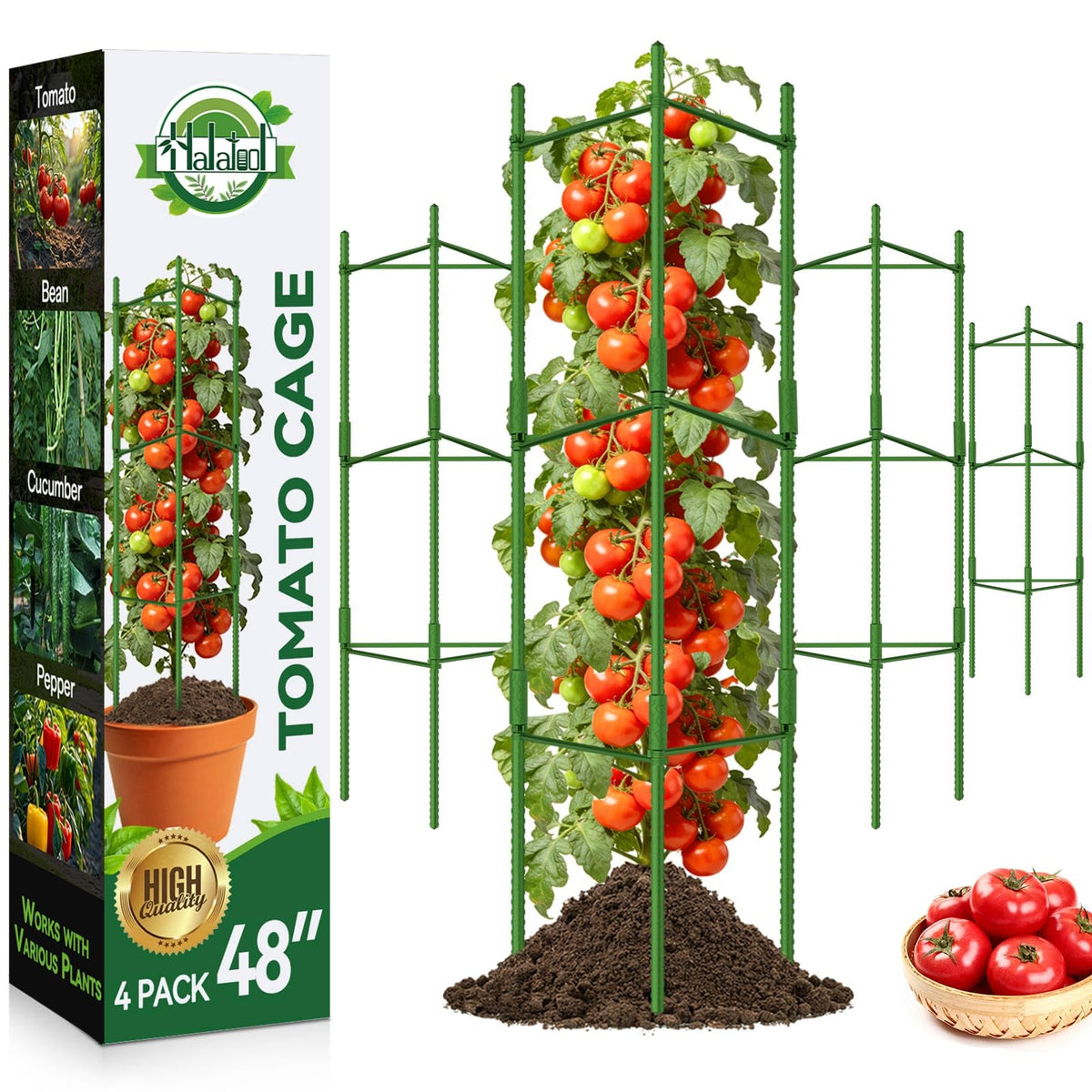 Halatool tomato cage assembly shows tool-free setup for fast garden support.