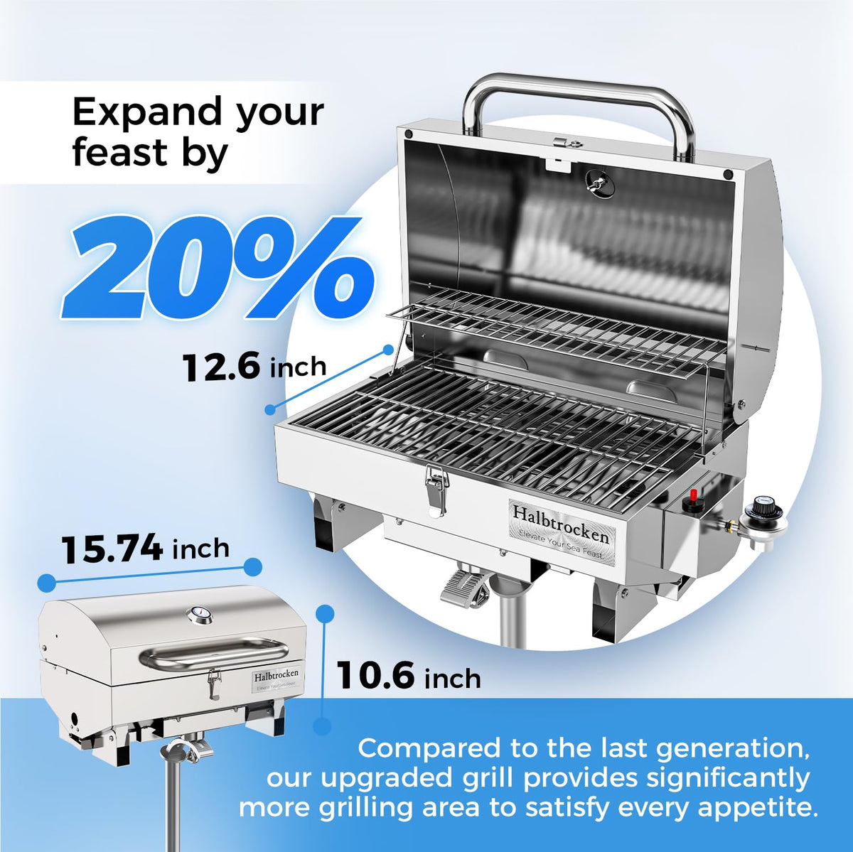 Halbtrocken Cabo Grill in 304 stainless steel finish resists corrosion in marine environments.