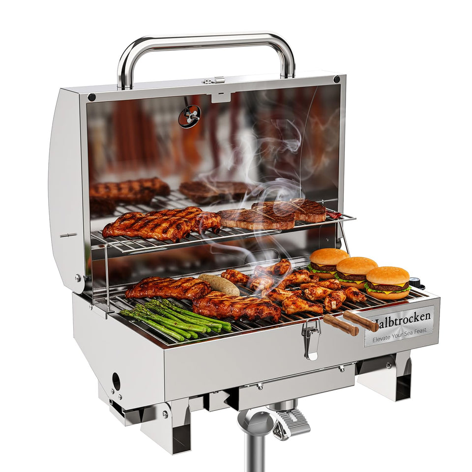 Halbtrocken Cabo Grill with rod holder mount enables flexible on-deck positioning for offshore cooking.