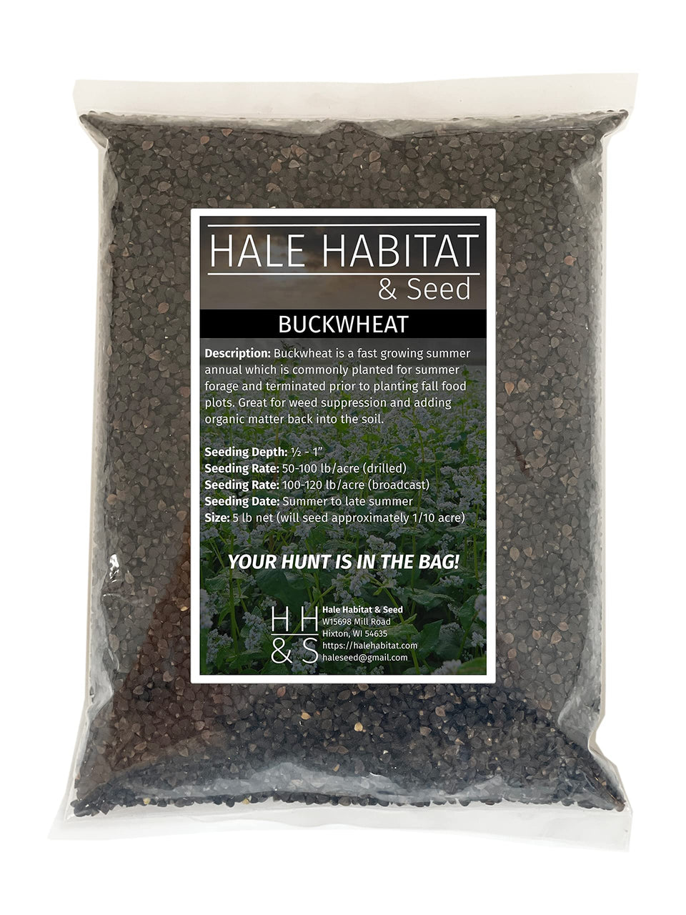 Hale Habitat Buckwheat seed bag ready for summer forage and weed suppression.