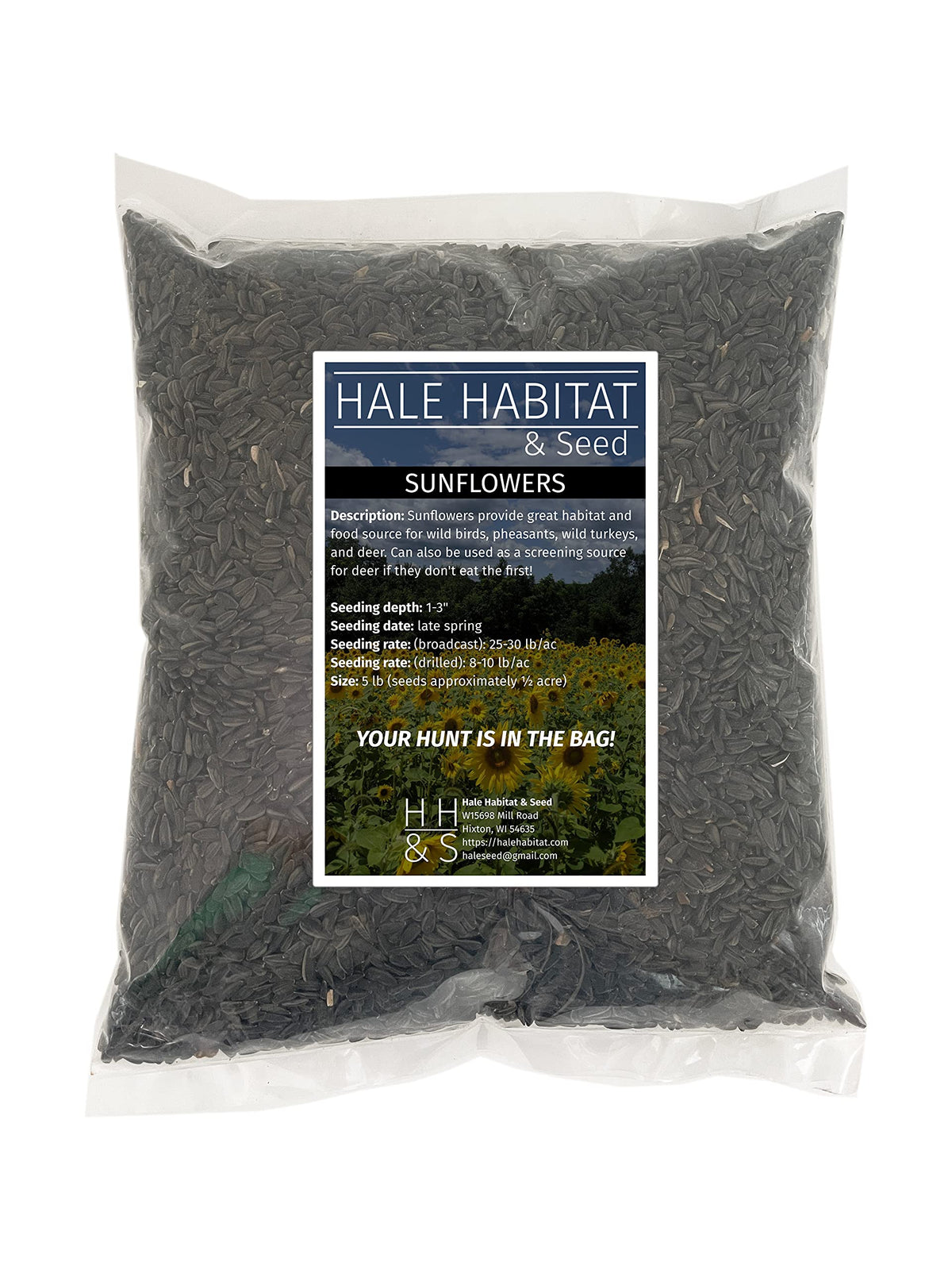 Hale Habitat Peredovik sunflower seed bag ready for planting and wildlife attraction.