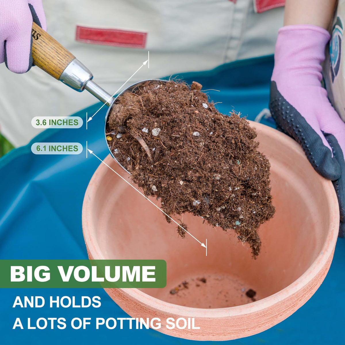 Haliaeetus deep-bowl planter scoop prevents soil spillage during transfers
