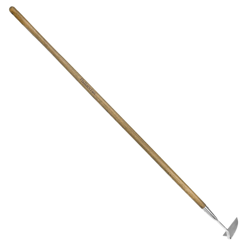 Haliaeetus Sickle Hoe 58-inch handle for standing weed removal between plants.
