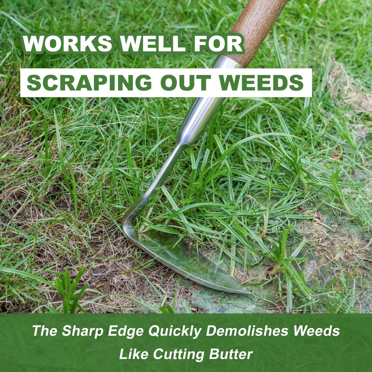 Haliaeetus Sickle Hoe elbow design guides shallow weeding and root access.