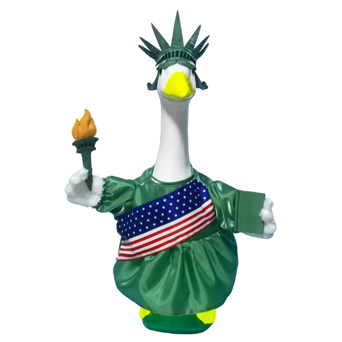 HALSHI statue of liberty goose outfit crown and flag dress for display.