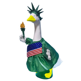 HALSHI goose outfit with torch and wings for patriotic garden decor.