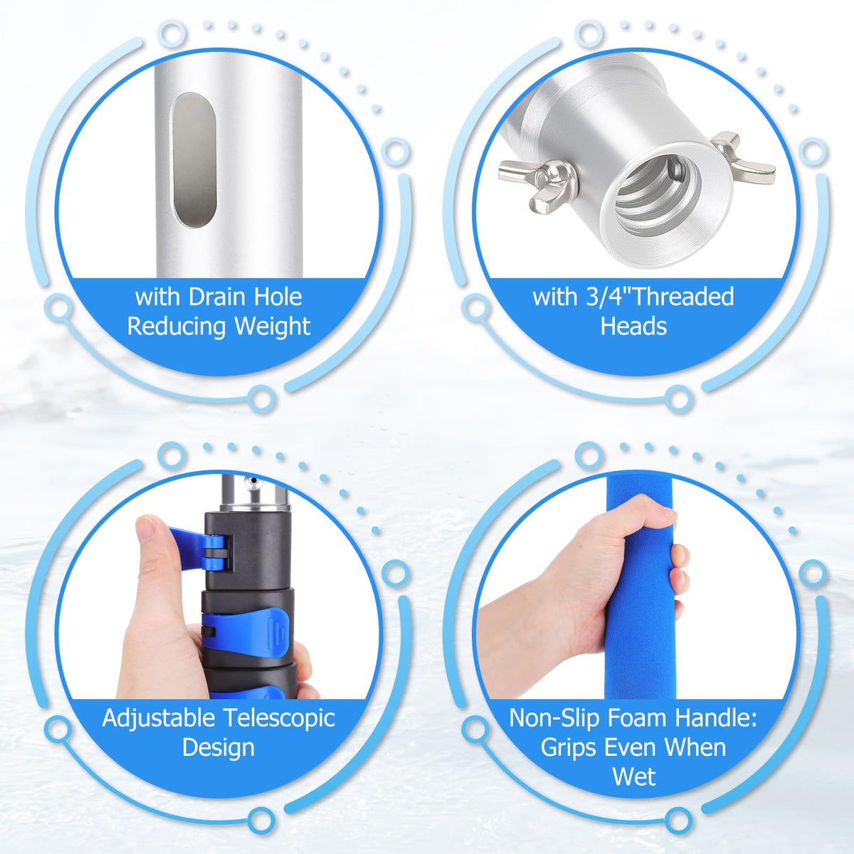 Hammrit pool pole non-slip soft handle reduces hand fatigue during cleaning.