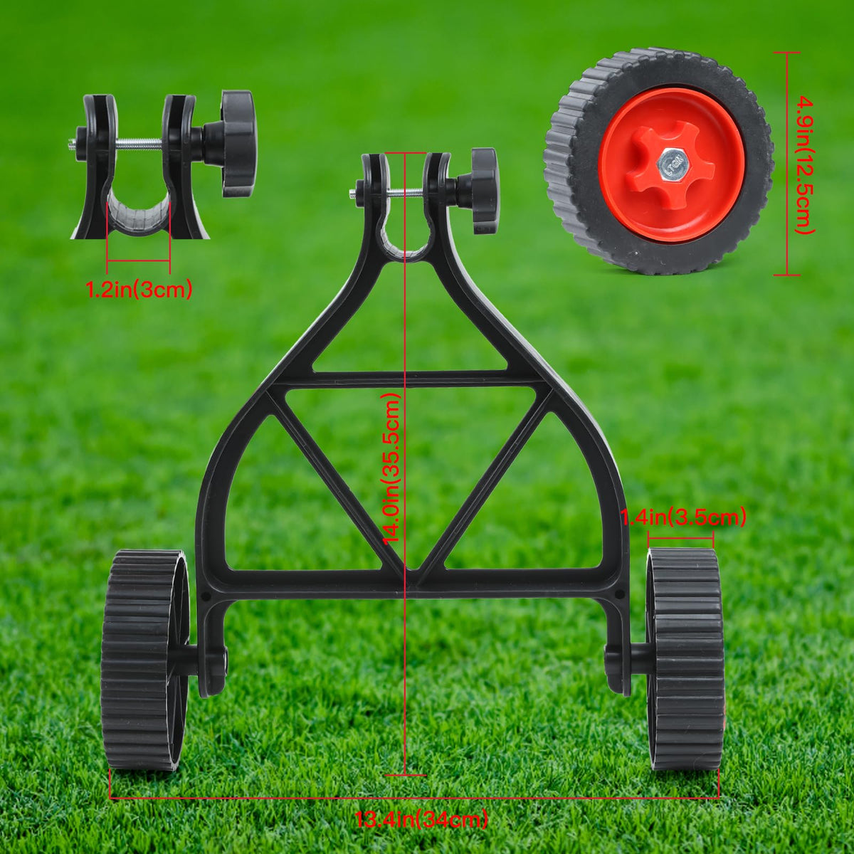 HamRoRung string-trimmer-wheel-attachment side view shows stable support during trimming.