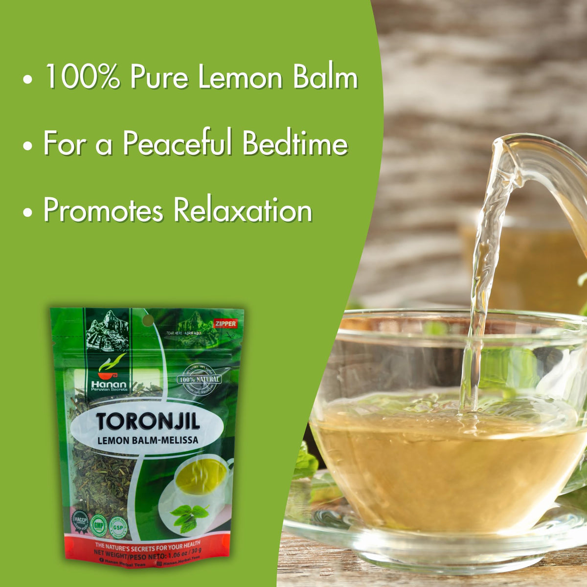 Hanan Lemon Balm Tea infusion in a warm cup ready to sip.