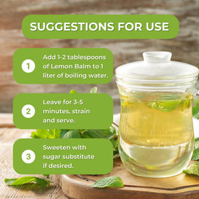 Steeping Hanan Lemon Balm Tea with rising steam signaling gentle tension relief.