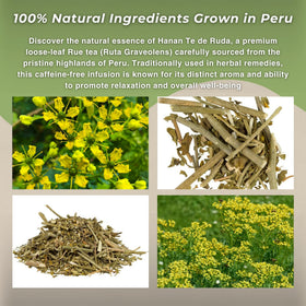 Hanan Rue natural ingredients highlight caffeine-free, additive-free tea.