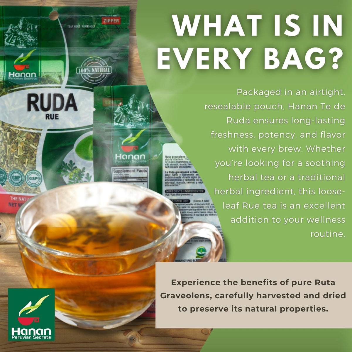 Hanan Rue from Peru, highlighting traditional herbal quality.