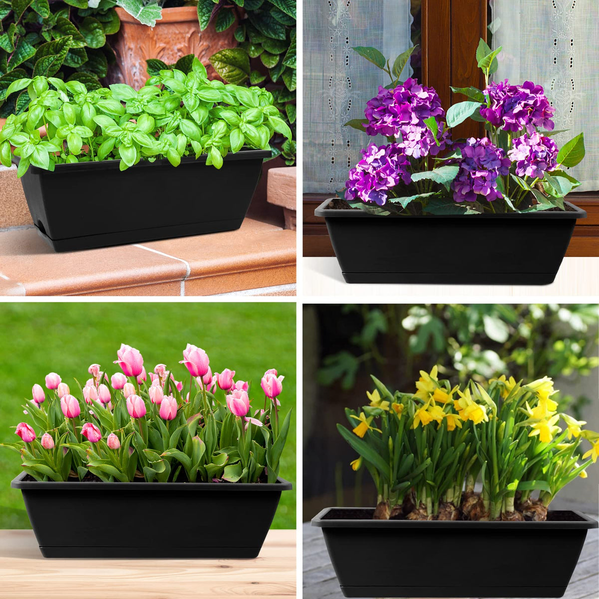 Hananojia patio/deck planter with plants demonstrating versatile display