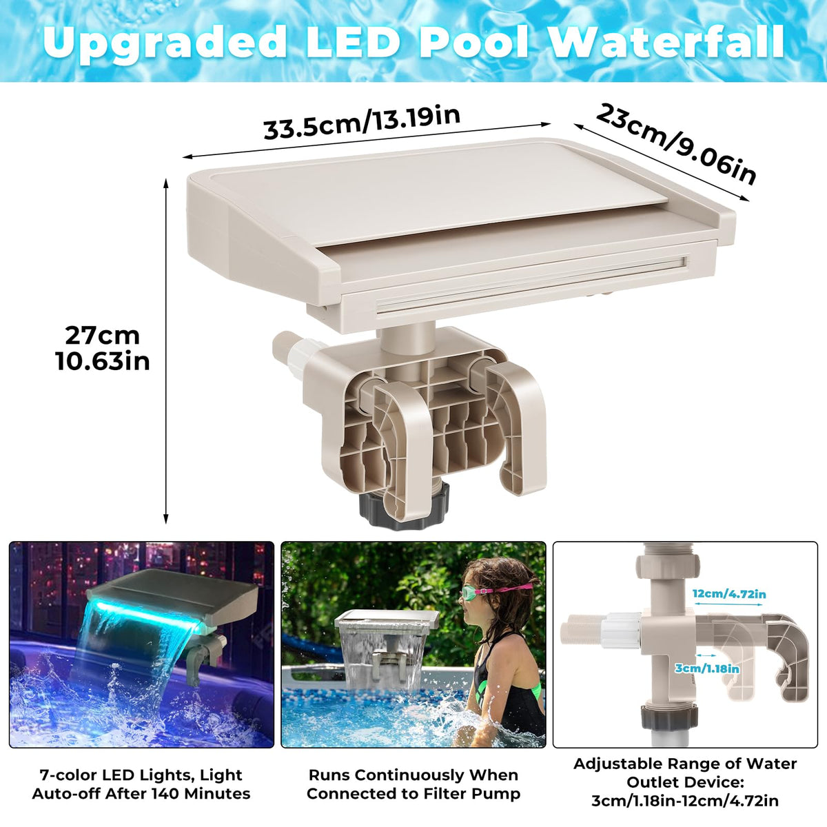 Hanaoyo LED lights illuminating the cascade for twilight pool time