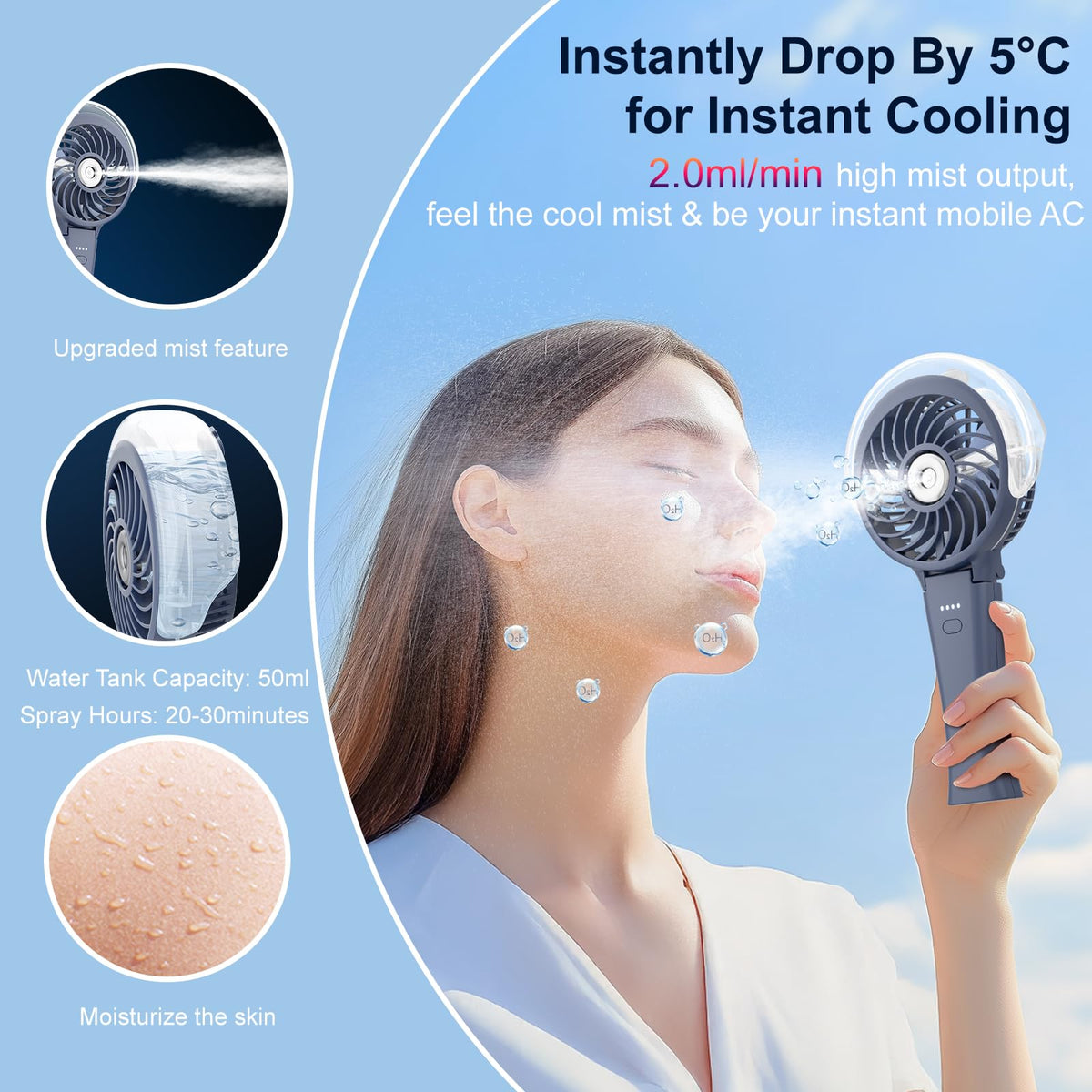 HandFan 50ml water tank enables longer misting sessions outdoors