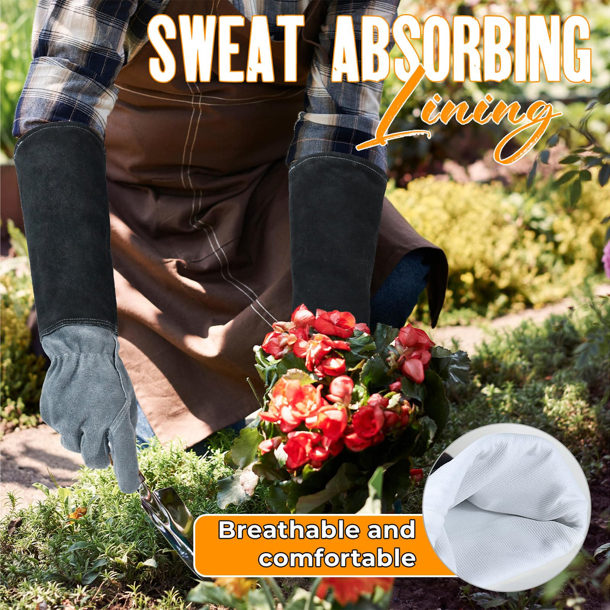 HANDLANDY forearm-protection gloves guard arms while reaching into dense foliage.