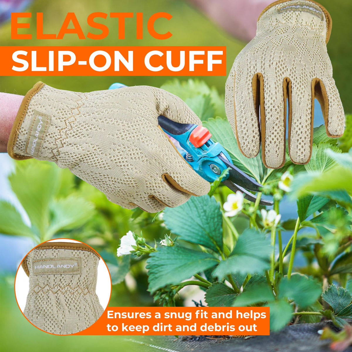 HANDLANDY gloves with spandex trims enhance dexterity for precise pruning and planting.