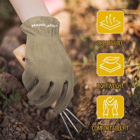 HANDLANDY leather gloves protect against thorns and scratches during garden play.