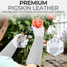 HANDLANDY leather gauntlets offer forearm protection during pruning and trimming.