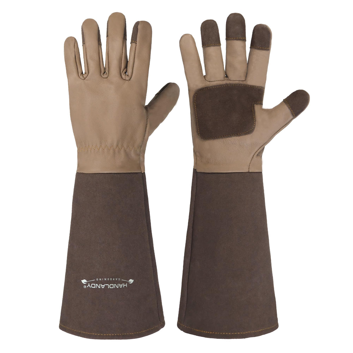Handlandy long gardening gloves in brown cowhide protect hands during pruning and trimming.