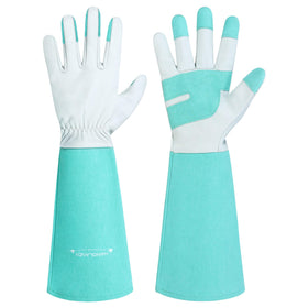 HANDLANDY long gardening gloves demonstrate forearm protection for thorny plants.