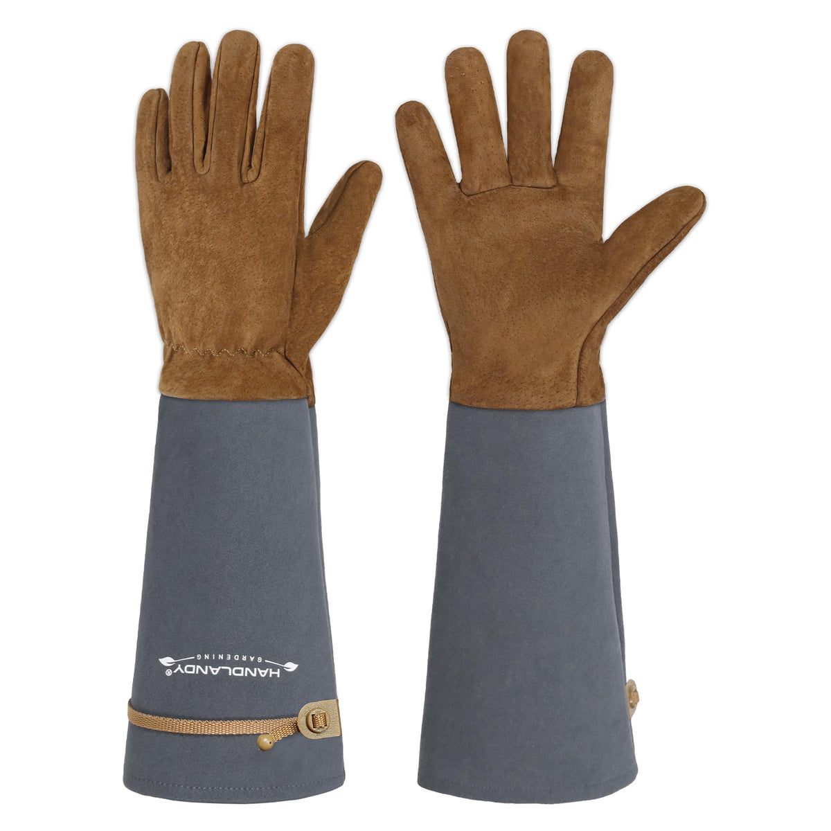 Handlandy rose pruning gloves in pigskin leather provide thorn protection.