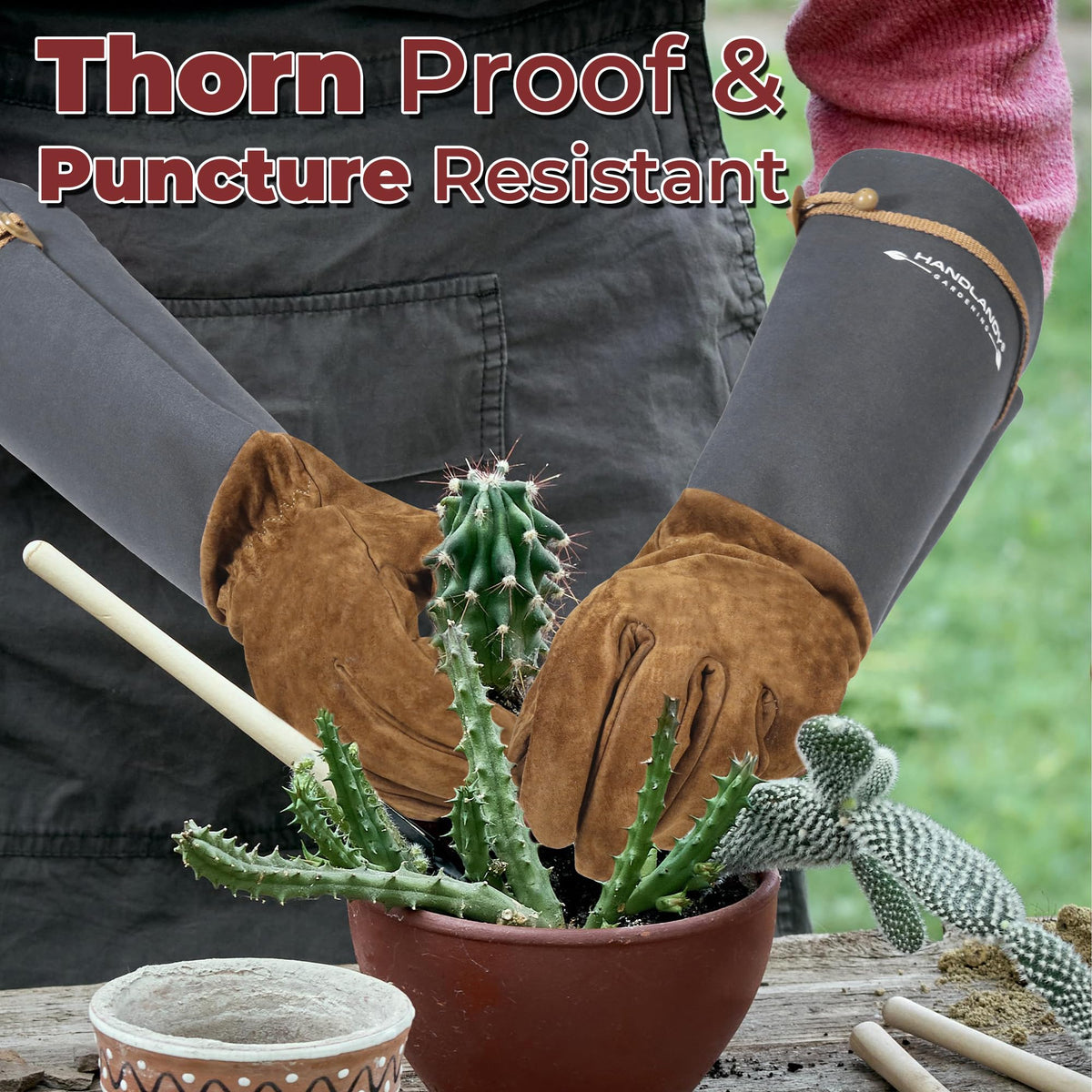 Handlandy thorn-proof leather gloves shield from scratches and punctures.