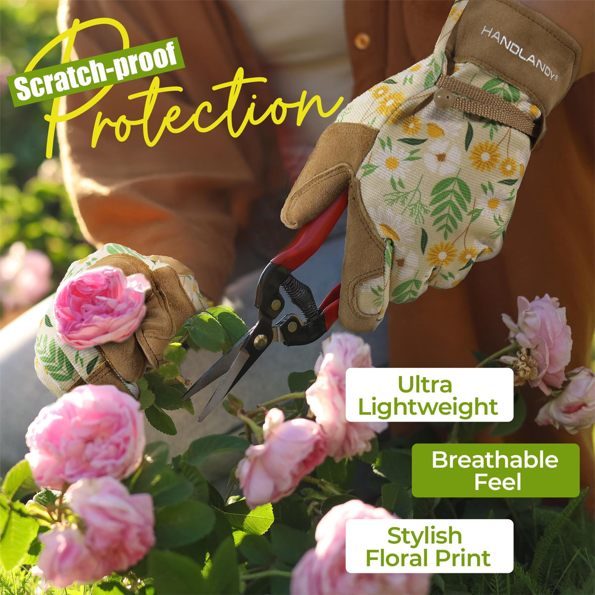Handlandy glove with adjustable wrist strap for secure, comfortable fit and dirt protection.