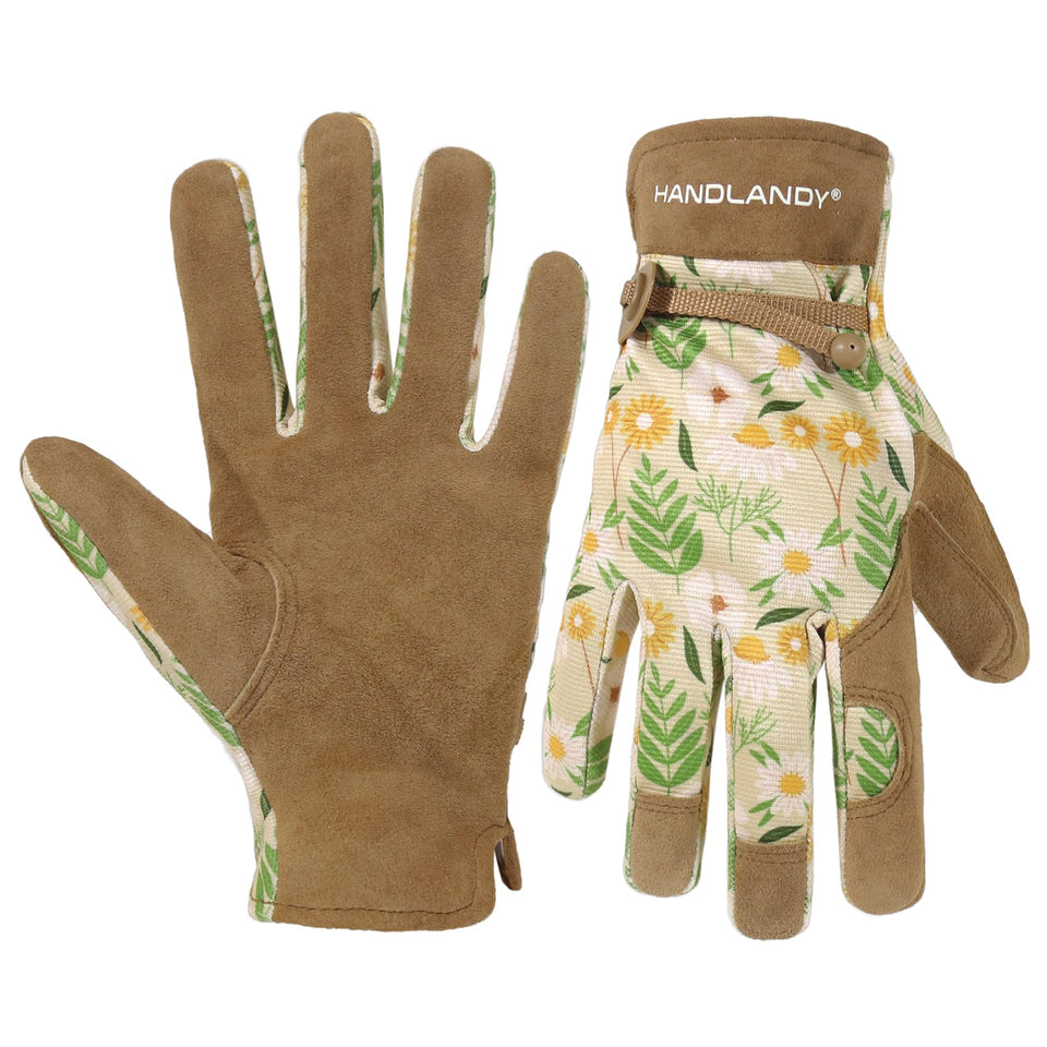 Handlandy women's garden gloves with leather palm for durable grip during planting and weeding.