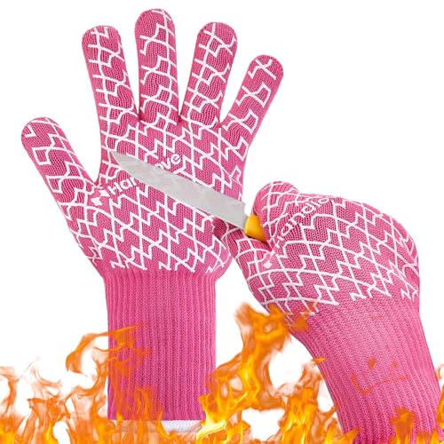 HandLove aramid heat-resistant BBQ gloves with pink fabric and non-slip silicone grip for grilling.