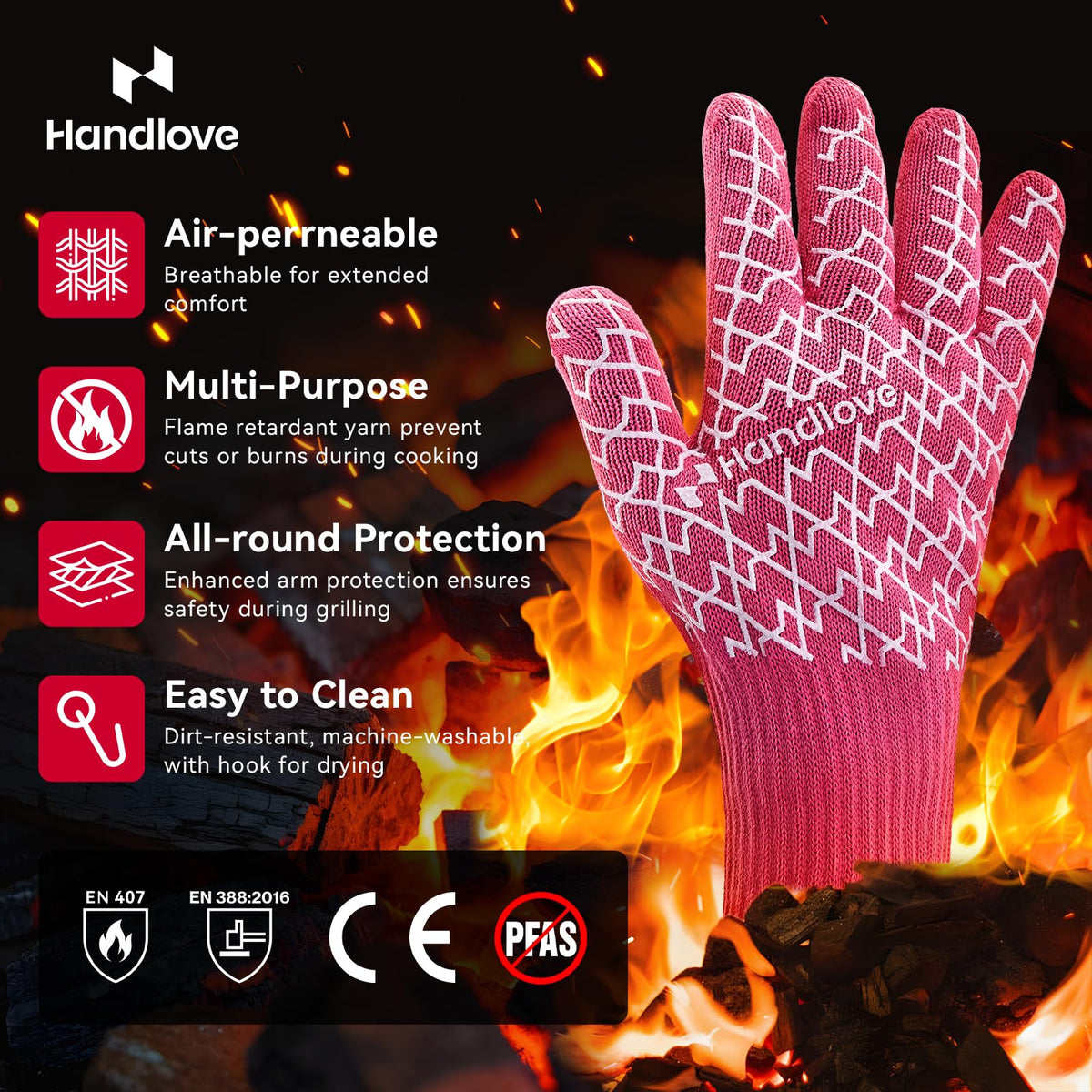 Close-up of HandLove silicone grip on pink gloves for secure handling of hot tools.