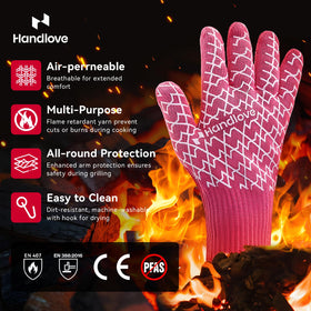 Close-up of HandLove silicone grip on pink gloves for secure handling of hot tools.