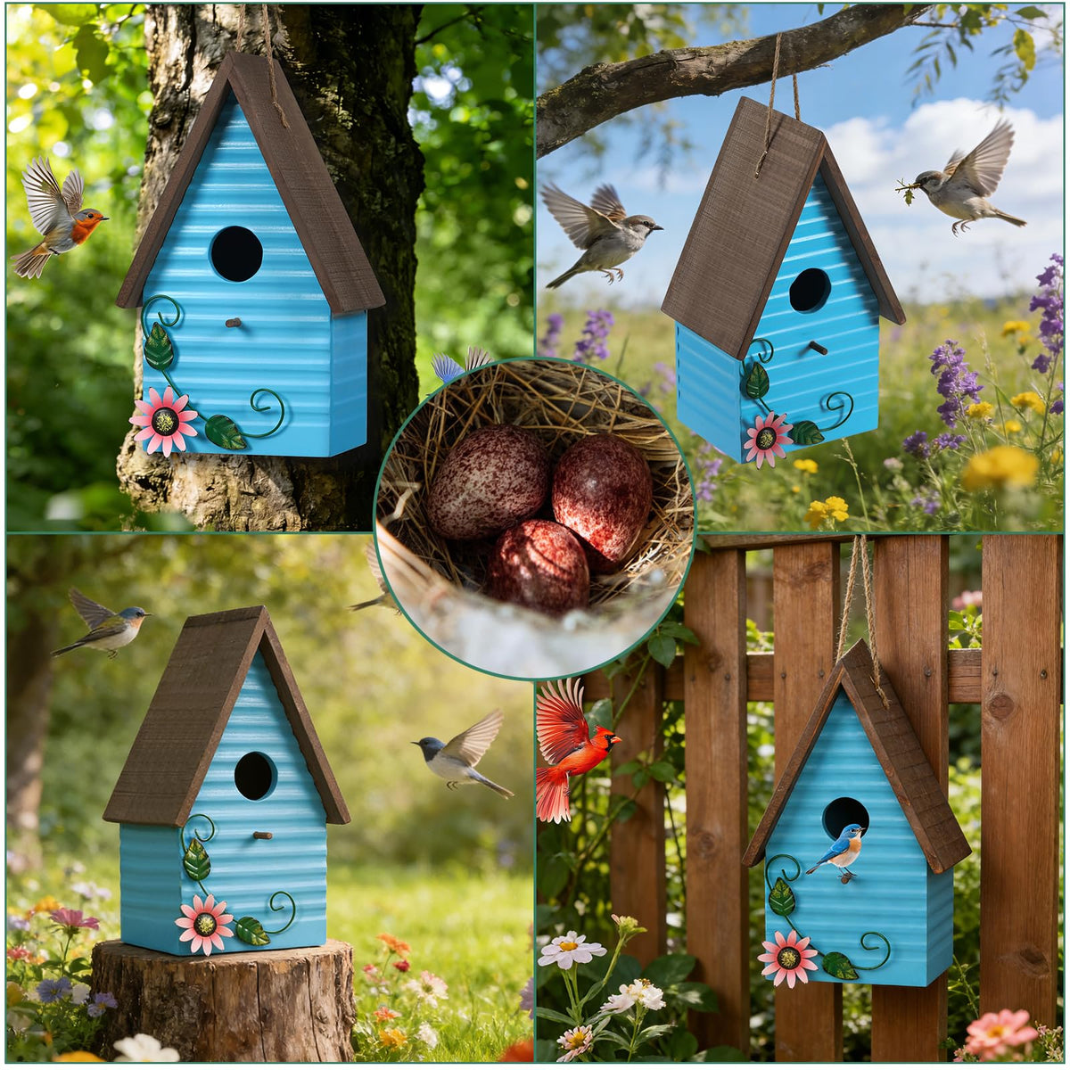 Handrong bluebird house with farmhouse blue finish enhances garden aesthetics.
