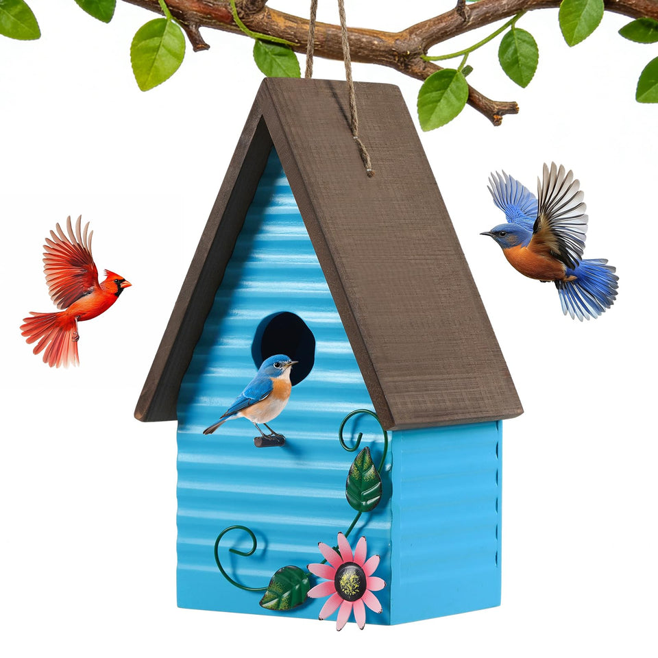 Handrong bluebird house for outdoor hanging attracts small birds with rustic charm.