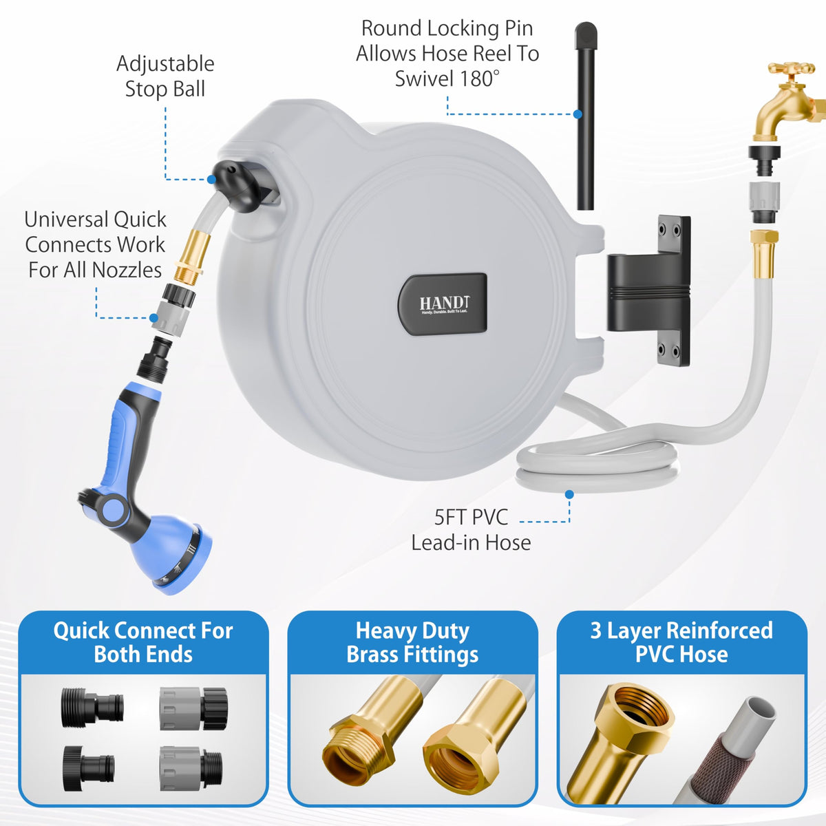 HANDT hose reel locks at any length for precise control.