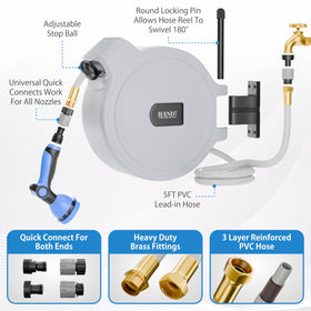HANDT hose reel locks at any length for precise control.