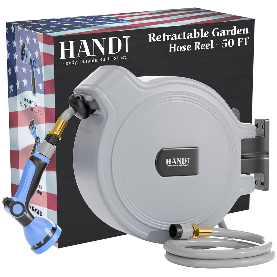 HANDT retractable hose reel wall mount for easy garden access and tidy storage.