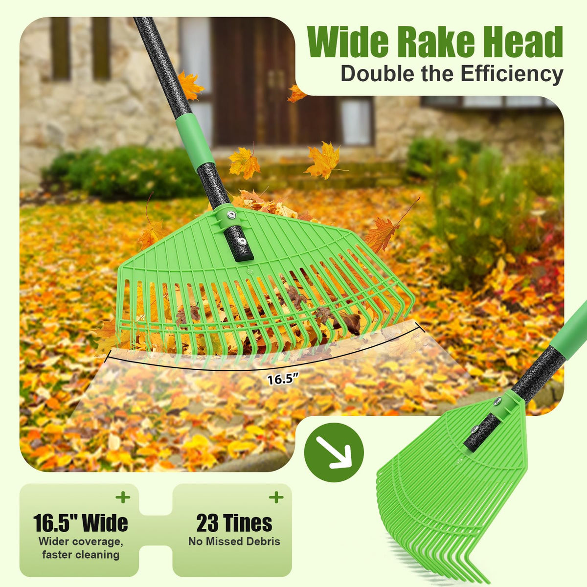 Hangmaicome lightweight leaf rake helps you sweep leaves without tiring your arms.