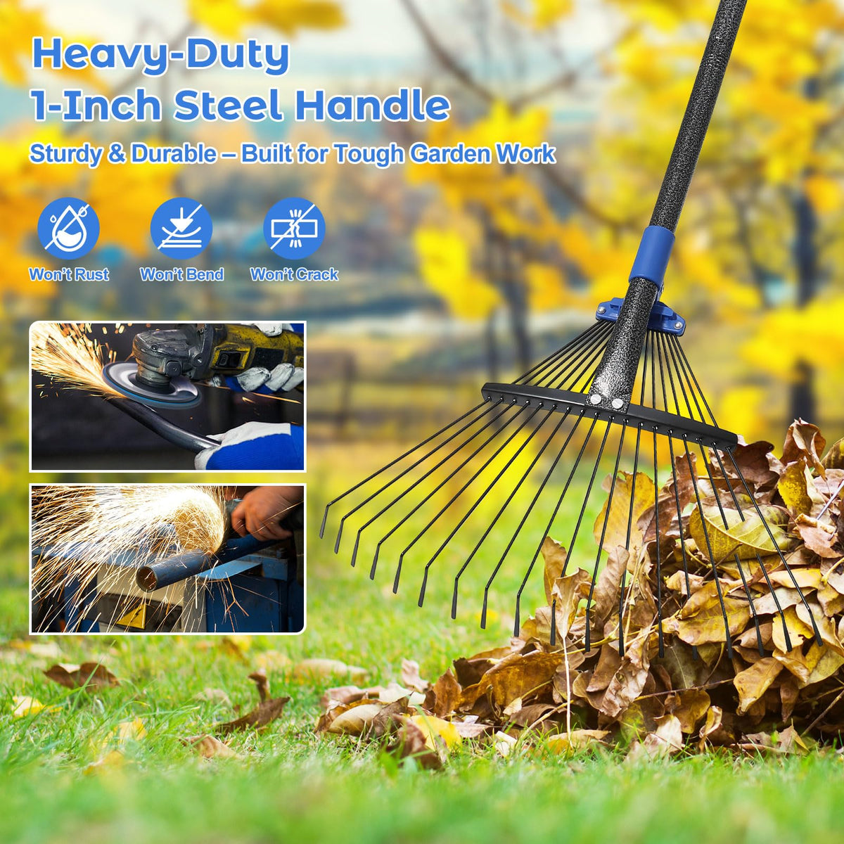Hangmaicome rake handle in 1-inch steel offers durability for tough yard tasks