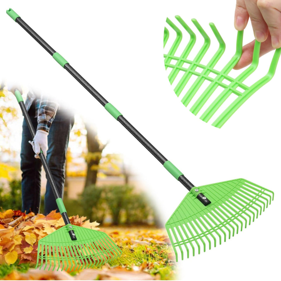 Hangmaicome plastic leaf rake with 65-inch handle for easy, back-friendly yard cleanup.