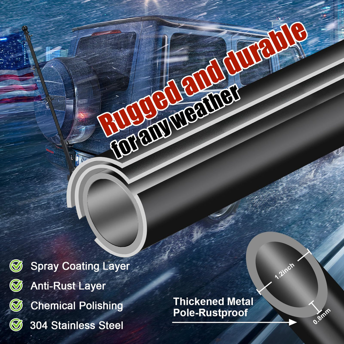 Hangmaicome flag pole in stainless steel with outer diameter 1-2 inch for durability.