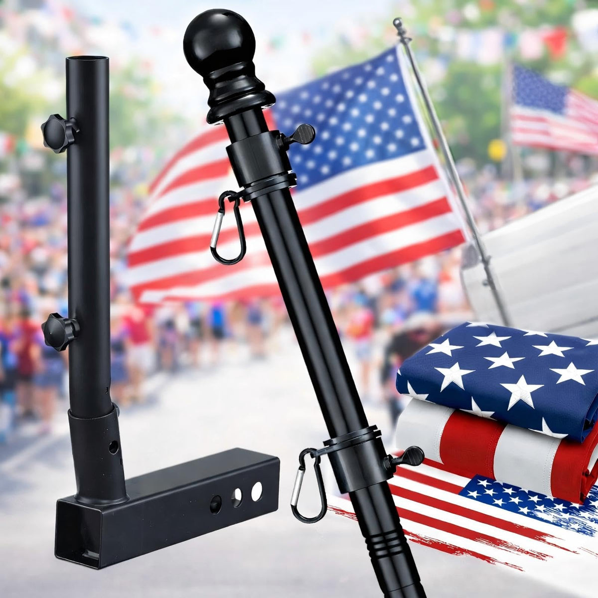 Hangmaicome truck flag pole kit with deep 18-inch hitch insert reduces wobble.