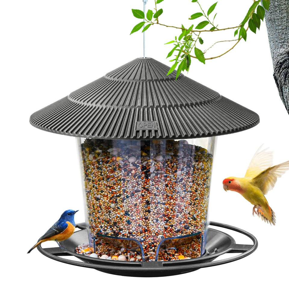 Hanizi Bird Feeder lid open for easy refills and quick seed checks.
